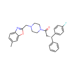 Cc1ccc2nc(CN3CCN(C(=O)C[C@@H](c4ccccc4)c4ccc(F)cc4)CC3)oc2c1 ZINC000066258711