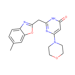 Cc1ccc2nc(Cc3nc(N4CCOCC4)cc(=O)[nH]3)oc2c1 ZINC000084758371