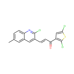 Cc1ccc2nc(Cl)c(/C=C/C(=O)c3cc(Cl)sc3Cl)cc2c1 ZINC000073224784