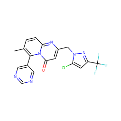 Cc1ccc2nc(Cn3nc(C(F)(F)F)cc3Cl)cc(=O)n2c1-c1cncnc1 ZINC001772593951