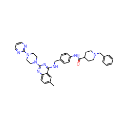 Cc1ccc2nc(N3CCN(c4ncccn4)CC3)nc(NCc3ccc(NC(=O)C4CCN(Cc5ccccc5)CC4)cc3)c2c1 ZINC000142114051