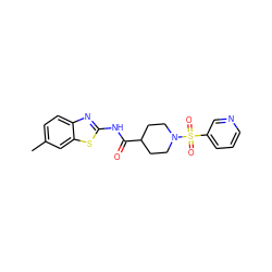 Cc1ccc2nc(NC(=O)C3CCN(S(=O)(=O)c4cccnc4)CC3)sc2c1 ZINC000004902726