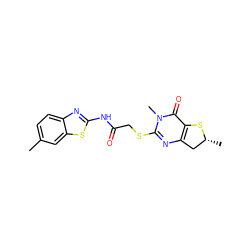 Cc1ccc2nc(NC(=O)CSc3nc4c(c(=O)n3C)S[C@H](C)C4)sc2c1 ZINC000004034905