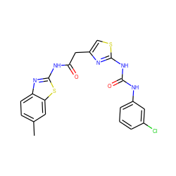 Cc1ccc2nc(NC(=O)Cc3csc(NC(=O)Nc4cccc(Cl)c4)n3)sc2c1 ZINC000016047498