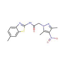 Cc1ccc2nc(NC(=O)Cn3nc(C)c([N+](=O)[O-])c3C)sc2c1 ZINC000003431089