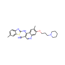 Cc1ccc2nc(Nc3c(C#N)cnc4cc(OCCCN5CCCCC5)c(C)cc34)sc2c1 ZINC000040979707