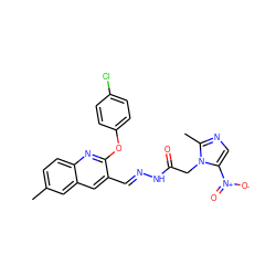 Cc1ccc2nc(Oc3ccc(Cl)cc3)c(/C=N/NC(=O)Cn3c([N+](=O)[O-])cnc3C)cc2c1 ZINC000169307244