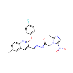 Cc1ccc2nc(Oc3ccc(F)cc3)c(/C=N/NC(=O)Cn3c([N+](=O)[O-])cnc3C)cc2c1 ZINC000169307240