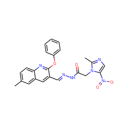 Cc1ccc2nc(Oc3ccccc3)c(/C=N/NC(=O)Cn3c([N+](=O)[O-])cnc3C)cc2c1 ZINC000169307234