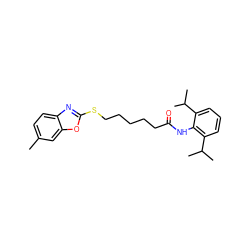 Cc1ccc2nc(SCCCCCC(=O)Nc3c(C(C)C)cccc3C(C)C)oc2c1 ZINC000197648681