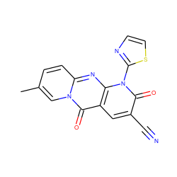 Cc1ccc2nc3c(cc(C#N)c(=O)n3-c3nccs3)c(=O)n2c1 ZINC000002441568