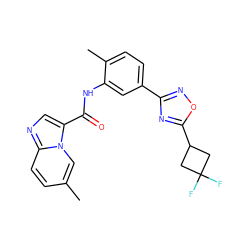 Cc1ccc2ncc(C(=O)Nc3cc(-c4noc(C5CC(F)(F)C5)n4)ccc3C)n2c1 ZINC000206118393