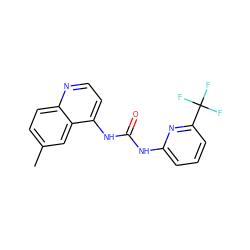 Cc1ccc2nccc(NC(=O)Nc3cccc(C(F)(F)F)n3)c2c1 ZINC000063298413