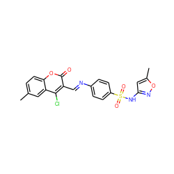 Cc1ccc2oc(=O)c(/C=N/c3ccc(S(=O)(=O)Nc4cc(C)on4)cc3)c(Cl)c2c1 ZINC000096921666