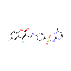 Cc1ccc2oc(=O)c(/C=N/c3ccc(S(=O)(=O)Nc4nccc(C)n4)cc3)c(Cl)c2c1 ZINC000096921649