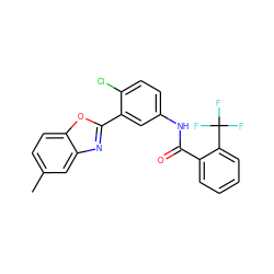 Cc1ccc2oc(-c3cc(NC(=O)c4ccccc4C(F)(F)F)ccc3Cl)nc2c1 ZINC000034892291