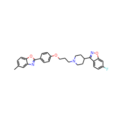 Cc1ccc2oc(-c3ccc(OCCCN4CCC(c5noc6cc(F)ccc56)CC4)cc3)nc2c1 ZINC000473154324