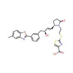 Cc1ccc2oc(-c3cccc(C[C@H](O)/C=C/[C@H]4CCC(=O)N4CCSc4nc(C(=O)O)cs4)c3)nc2c1 ZINC000084669705