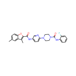 Cc1ccc2oc(C(=O)Nc3ccc(N4CCN(C(=O)Nc5ccccc5F)CC4)nc3)c(C)c2c1 ZINC000095590025