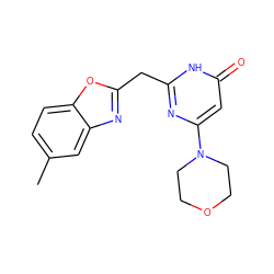 Cc1ccc2oc(Cc3nc(N4CCOCC4)cc(=O)[nH]3)nc2c1 ZINC000084669279