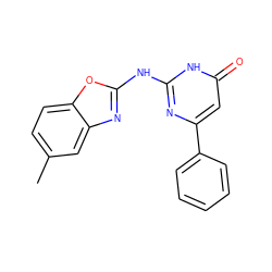 Cc1ccc2oc(Nc3nc(-c4ccccc4)cc(=O)[nH]3)nc2c1 ZINC000008973834