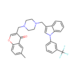 Cc1ccc2occ(CN3CCN(Cc4cn(-c5cccc(C(F)(F)F)c5)c5ccccc45)CC3)c(=O)c2c1 ZINC000653785994