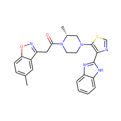 Cc1ccc2onc(CC(=O)N3CCN(c4scnc4-c4nc5ccccc5[nH]4)C[C@H]3C)c2c1 ZINC001772653541