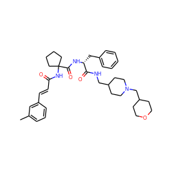 Cc1cccc(/C=C/C(=O)NC2(C(=O)N[C@H](Cc3ccccc3)C(=O)NCC3CCN(CC4CCOCC4)CC3)CCCC2)c1 ZINC000044308293