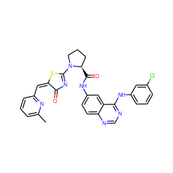 Cc1cccc(/C=C2/SC(N3CCC[C@H]3C(=O)Nc3ccc4ncnc(Nc5cccc(Cl)c5)c4c3)=NC2=O)n1 ZINC000206901156