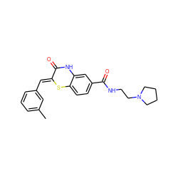 Cc1cccc(/C=C2\Sc3ccc(C(=O)NCCN4CCCC4)cc3NC2=O)c1 ZINC000095555182