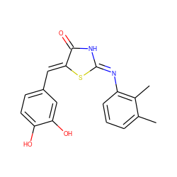 Cc1cccc(/N=C2/NC(=O)/C(=C/c3ccc(O)c(O)c3)S2)c1C ZINC000005376370