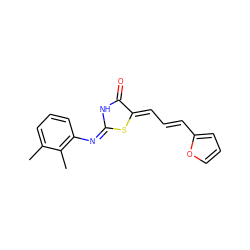 Cc1cccc(/N=C2\NC(=O)/C(=C/C=C/c3ccco3)S2)c1C ZINC000013807401