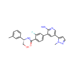 Cc1cccc([C@@H](CO)NC(=O)c2ccc(-c3cc(-c4ccnn4C)cnc3N)cc2F)c1 ZINC001772572366