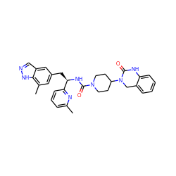 Cc1cccc([C@@H](Cc2cc(C)c3[nH]ncc3c2)NC(=O)N2CCC(N3Cc4ccccc4NC3=O)CC2)n1 ZINC000084602426