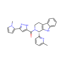 Cc1cccc([C@H]2c3[nH]c4ccccc4c3CCN2C(=O)c2cc(-c3cccn3C)n[nH]2)n1 ZINC000013595209