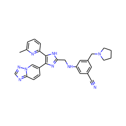 Cc1cccc(-c2[nH]c(CNc3cc(C#N)cc(CN4CCCC4)c3)nc2-c2ccc3ncnn3c2)n1 ZINC000113391444