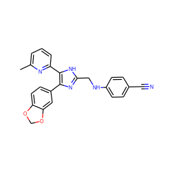 Cc1cccc(-c2[nH]c(CNc3ccc(C#N)cc3)nc2-c2ccc3c(c2)OCO3)n1 ZINC000028656295