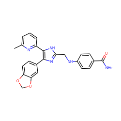 Cc1cccc(-c2[nH]c(CNc3ccc(C(N)=O)cc3)nc2-c2ccc3c(c2)OCO3)n1 ZINC000028656322