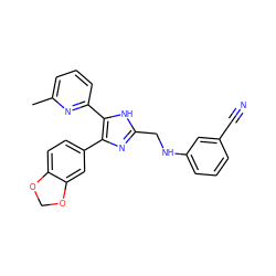 Cc1cccc(-c2[nH]c(CNc3cccc(C#N)c3)nc2-c2ccc3c(c2)OCO3)n1 ZINC000028656291