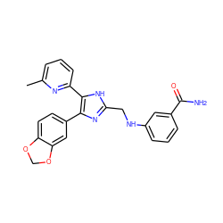 Cc1cccc(-c2[nH]c(CNc3cccc(C(N)=O)c3)nc2-c2ccc3c(c2)OCO3)n1 ZINC000028656318