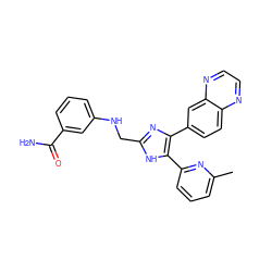 Cc1cccc(-c2[nH]c(CNc3cccc(C(N)=O)c3)nc2-c2ccc3nccnc3c2)n1 ZINC000028656332