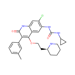 Cc1cccc(-c2c(OCC[C@@H]3CCCCN3)c3cc(NC(=O)NC4CC4)c(Cl)cc3[nH]c2=O)c1 ZINC000029462196