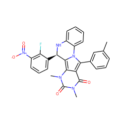 Cc1cccc(-c2c3c(=O)n(C)c(=O)n(C)c3c3n2-c2ccccc2N[C@@H]3c2cccc([N+](=O)[O-])c2F)c1 ZINC000058660815