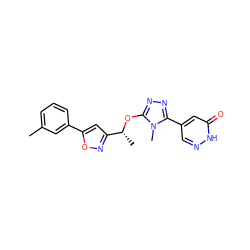 Cc1cccc(-c2cc([C@@H](C)Oc3nnc(-c4cn[nH]c(=O)c4)n3C)no2)c1 ZINC000143048974