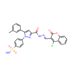 Cc1cccc(-c2cc(C(=O)N/N=C/c3c(Cl)c4ccccc4oc3=O)nn2-c2ccc(S(N)(=O)=O)cc2)c1 ZINC000653864029