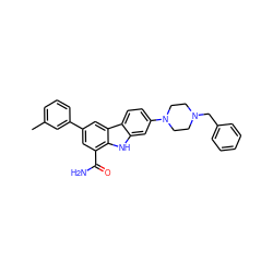 Cc1cccc(-c2cc(C(N)=O)c3[nH]c4cc(N5CCN(Cc6ccccc6)CC5)ccc4c3c2)c1 ZINC000113199341