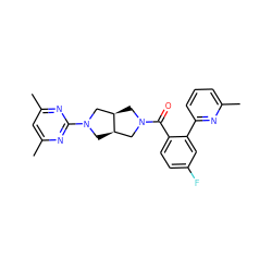 Cc1cccc(-c2cc(F)ccc2C(=O)N2C[C@@H]3CN(c4nc(C)cc(C)n4)C[C@@H]3C2)n1 ZINC000116823772