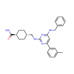 Cc1cccc(-c2cc(NCc3ccccc3)nc(NC[C@H]3CC[C@H](C(N)=O)CC3)n2)c1 ZINC000299819804