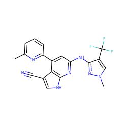 Cc1cccc(-c2cc(Nc3nn(C)cc3C(F)(F)F)nc3[nH]cc(C#N)c23)n1 ZINC000219675169