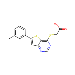 Cc1cccc(-c2cc3ncnc(SCC(=O)O)c3s2)c1 ZINC000072124618